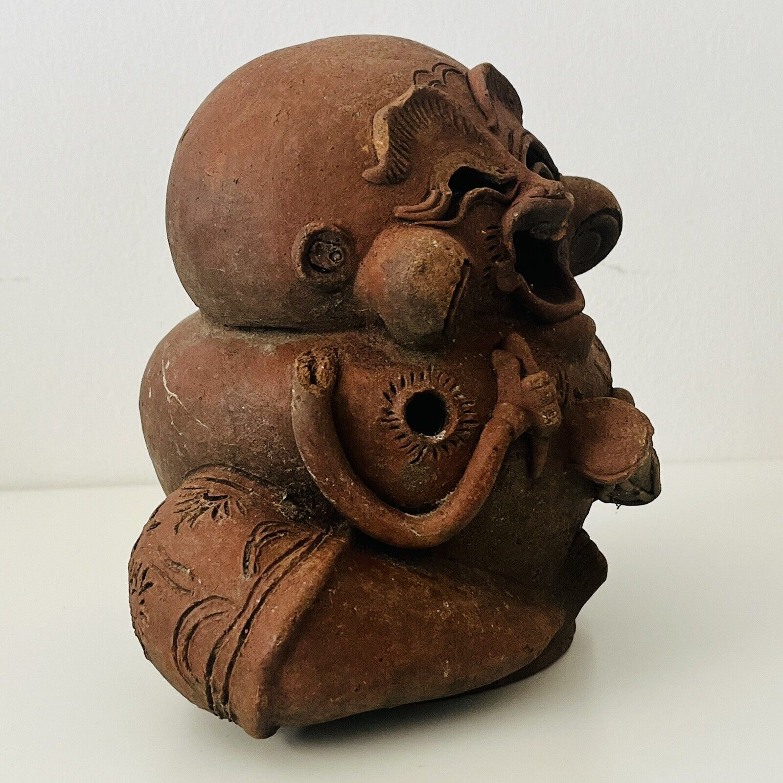 An Unusual Vintage Terracotta Candle Holder Or Figurine of A Laughing Buddha - Image 2 of 8