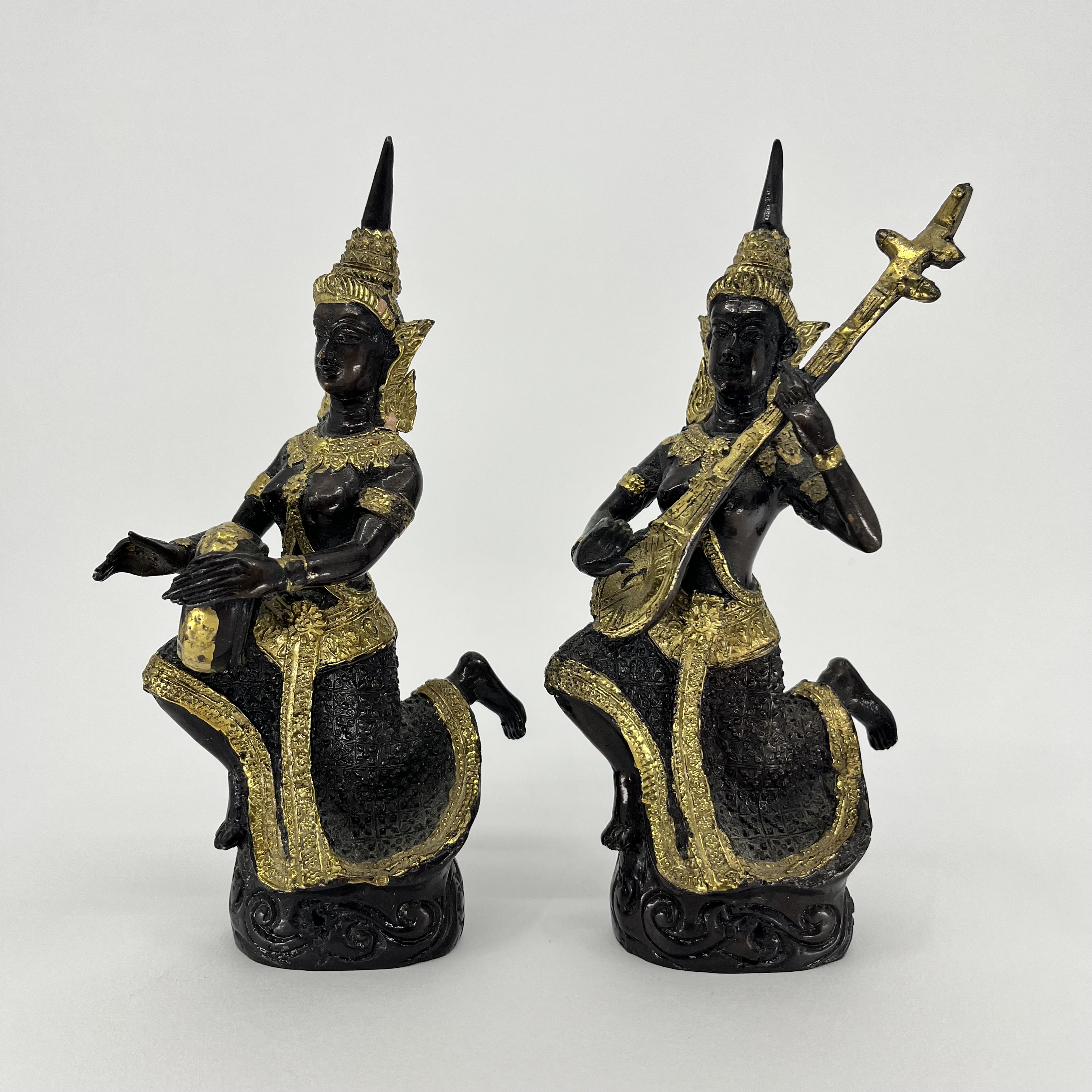 A Pair of Gilded Bronze Thai Theppanom Angel Temple Musician Figurines