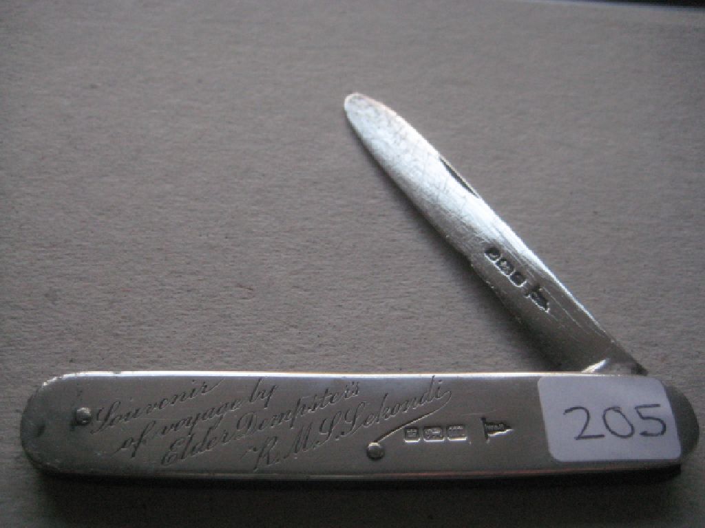 Rare Edwardian Elder Dempster R.M.J. Sekondi Engraved Silver Folding Fruit Knife