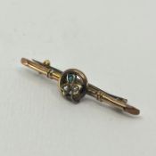 An Antique Edwardian Art Nouveau 9ct Rose Gold Seed Pearl Turquoise Shamrock Brooch