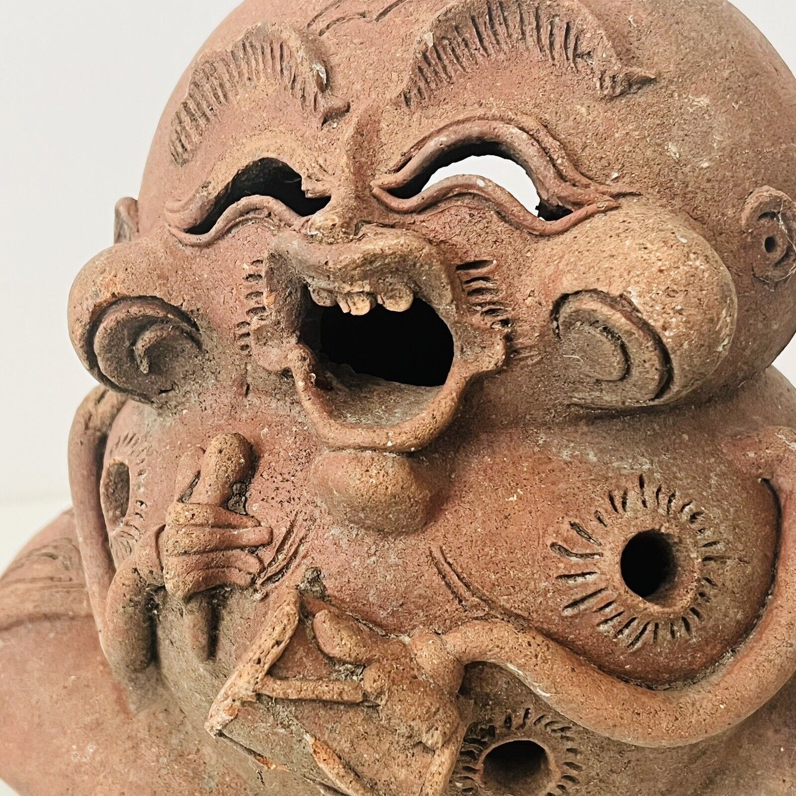 An Unusual Vintage Terracotta Candle Holder Or Figurine of A Laughing Buddha - Image 7 of 8