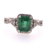 Certified 2.30 tctw Natural Emerald and Diamonds 18K White Gold Ring