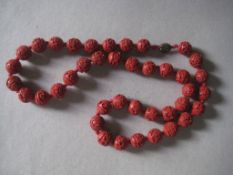 Vintage Carved Chinese Cinnabar Bead Necklace