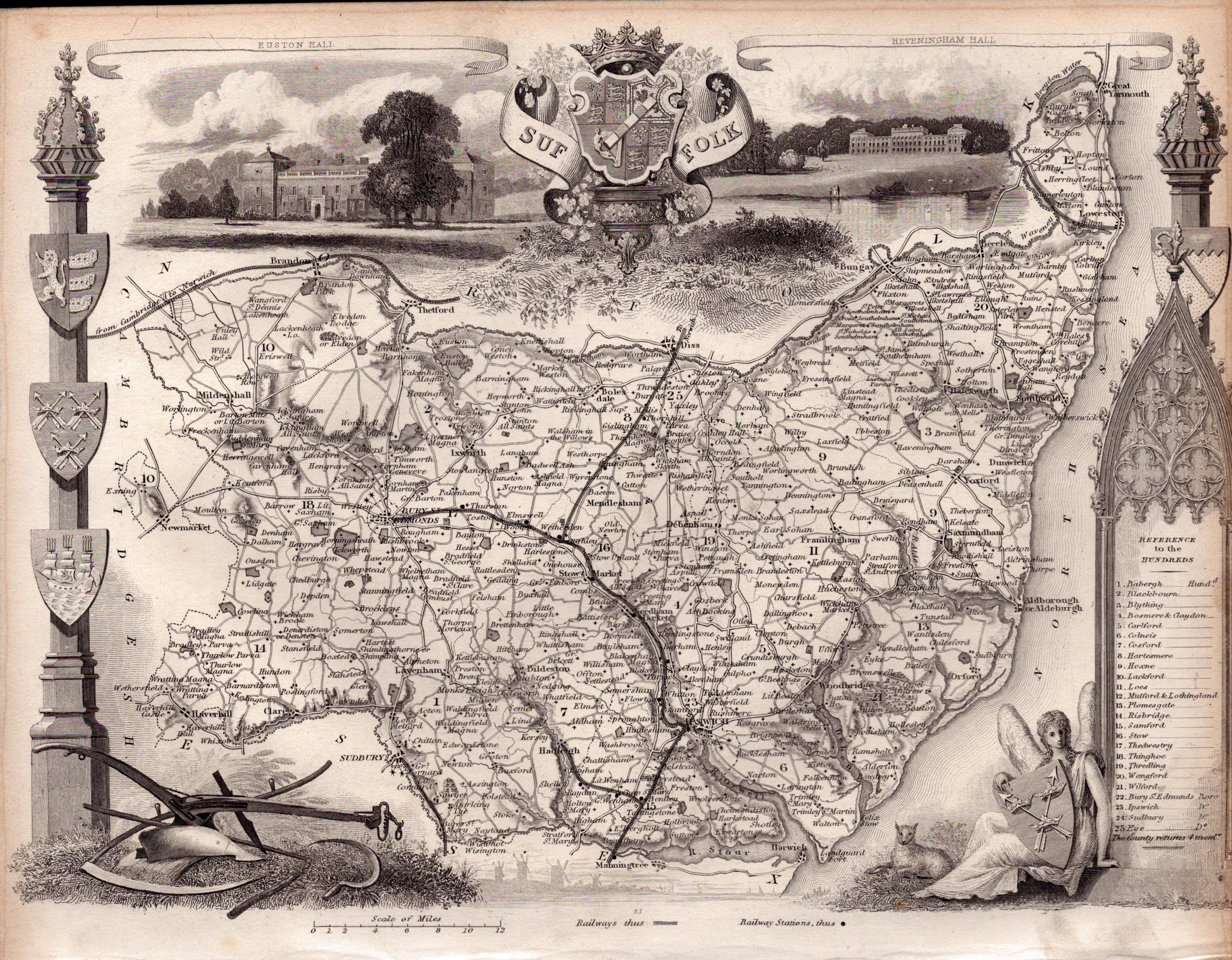 County of Suffolk Steel Engraved Victorian Antique Thomas Moule Map.