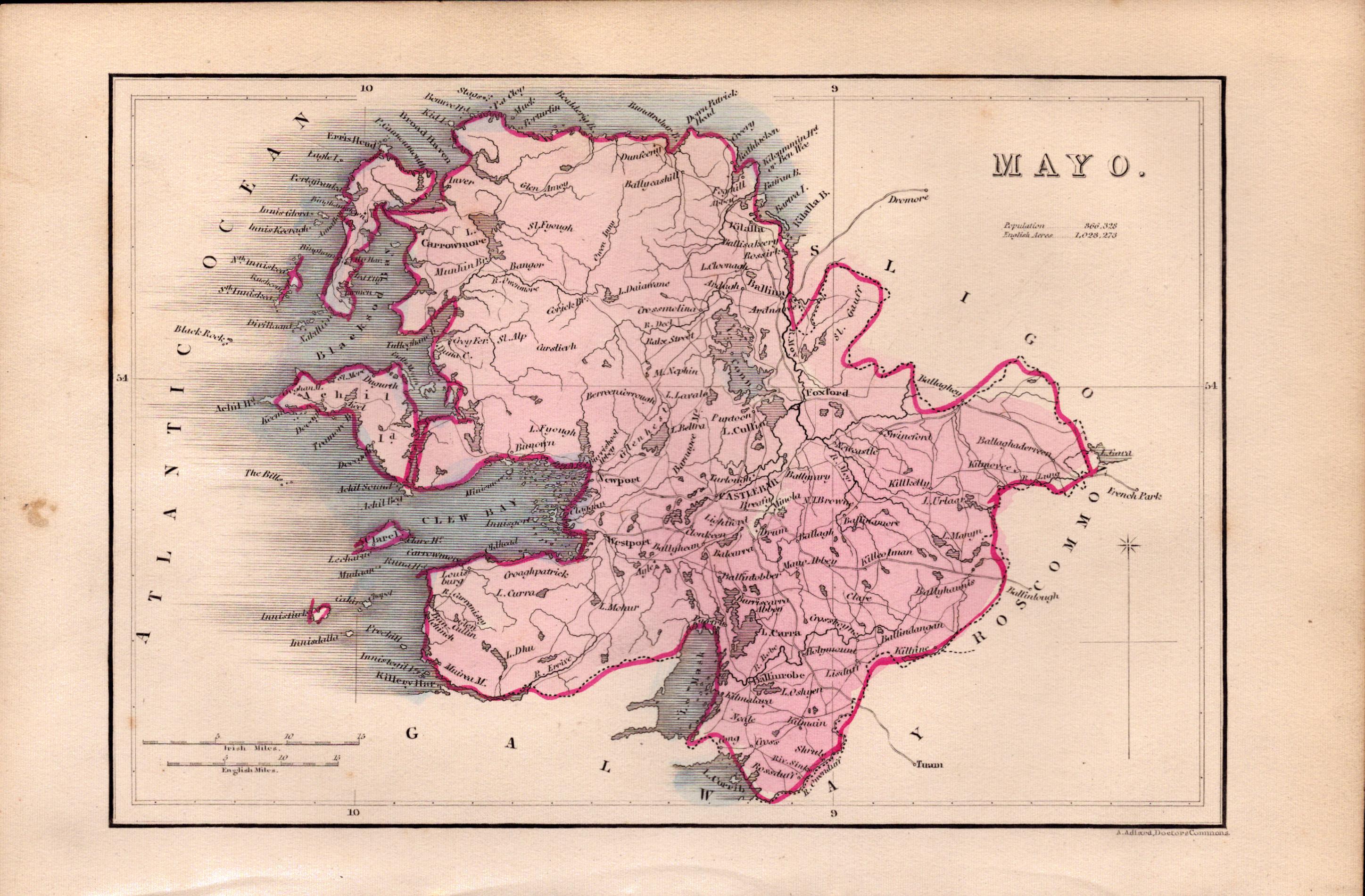County Mayo Antique 1850’s Coloured Map Mrs Hall Tour of Ireland.