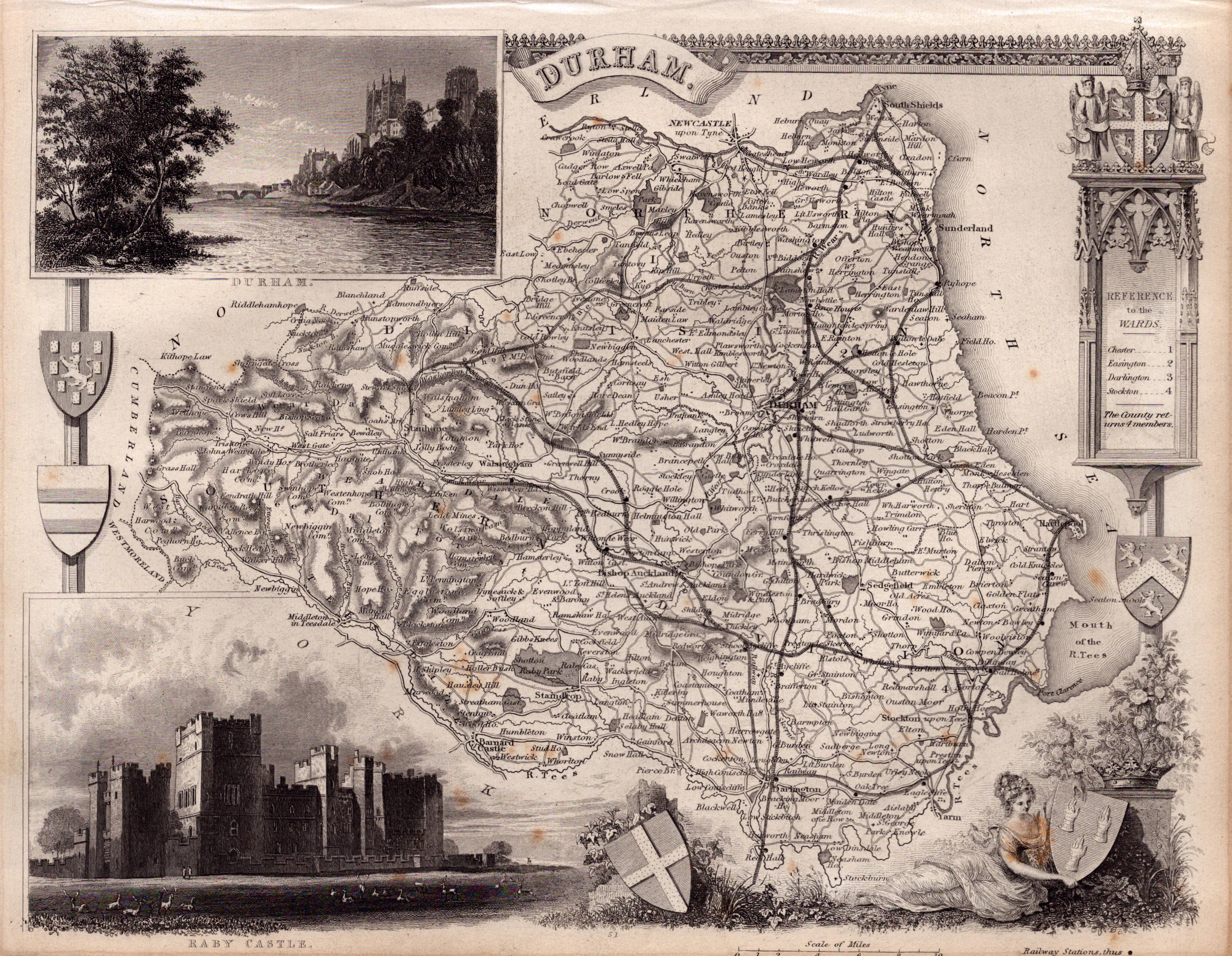 Durham Steel Engraved Victorian Antique Thomas Moule Map.