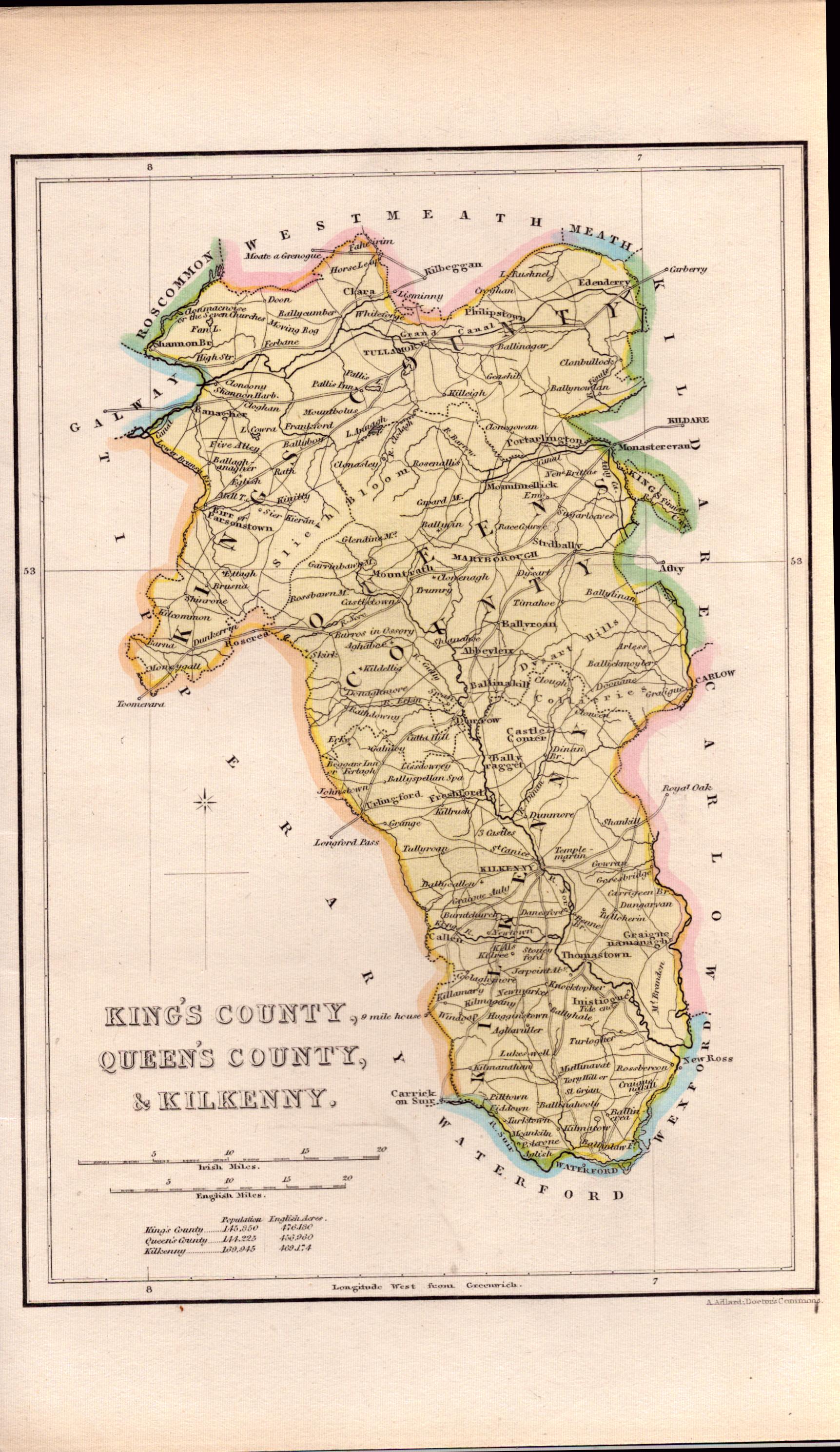 Kings Queens & Kilkenny County Antique Map Mrs Hall Tour of Ireland.