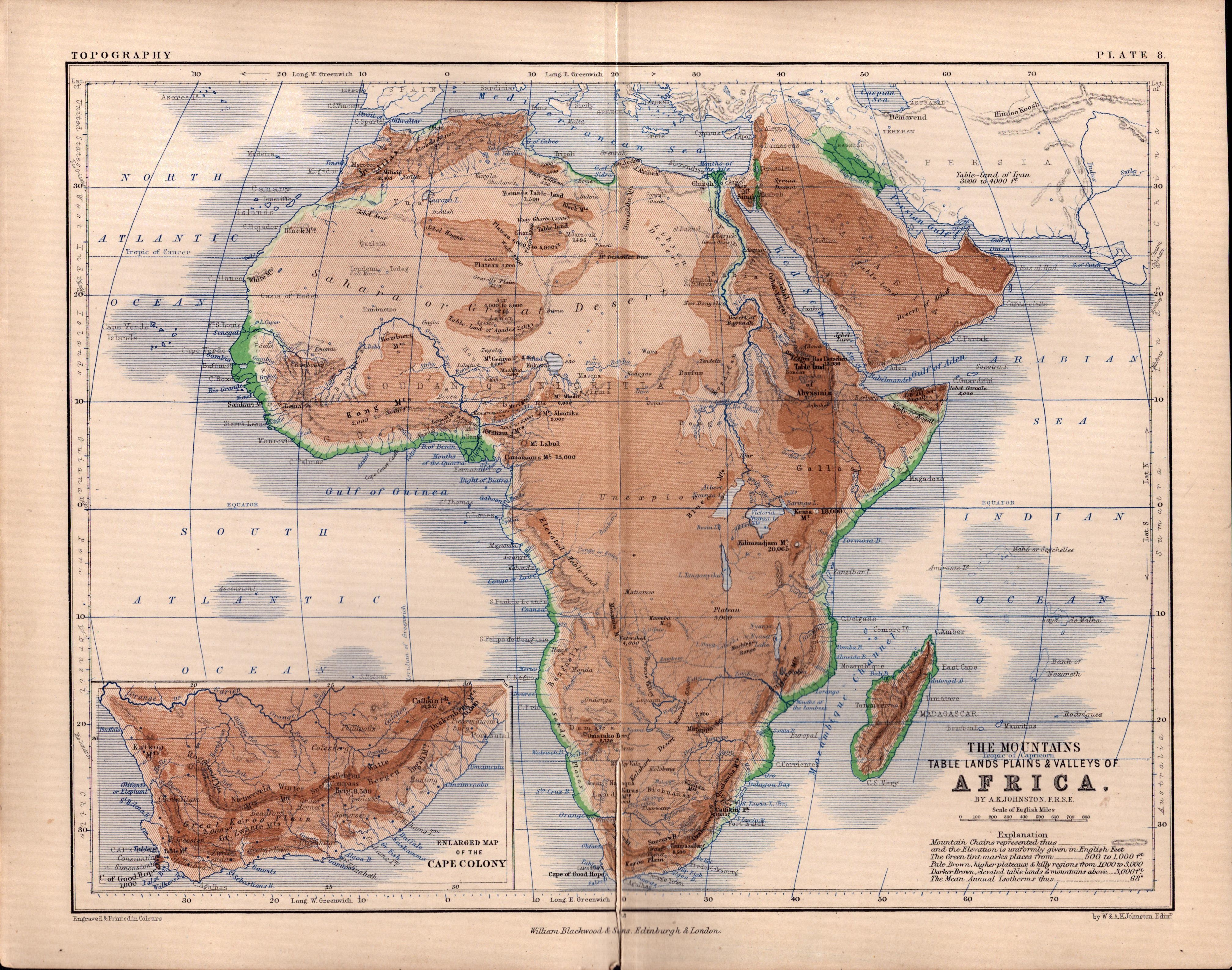 Mountains Valley of Africa 1871 WK Johnston Antique Map.