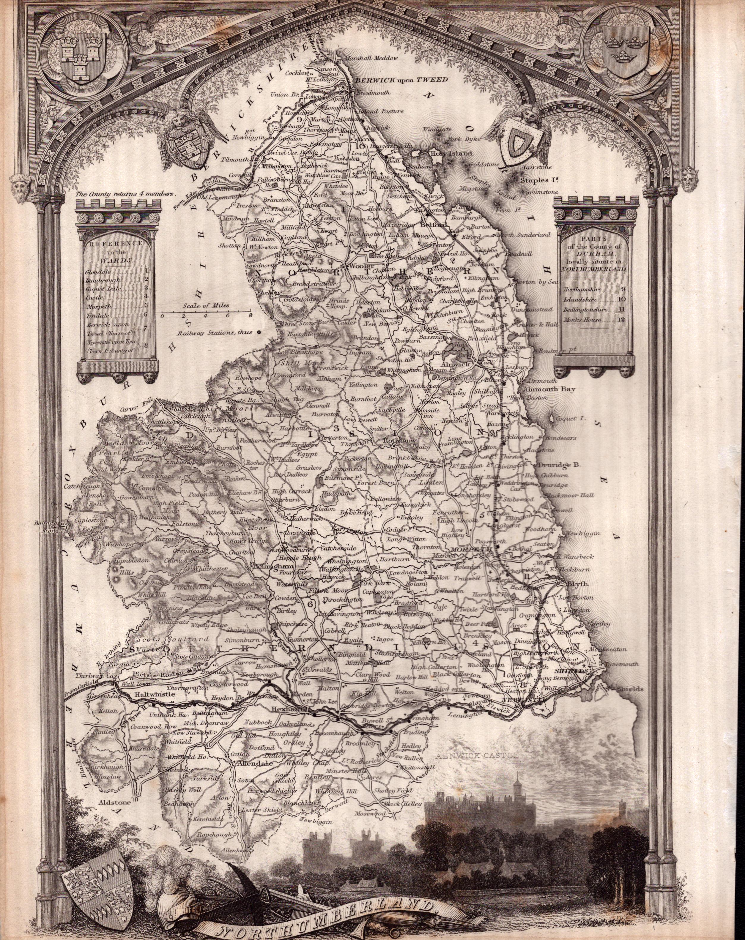 Northumberland Steel Engraved Victorian Thomas Moule Map.