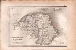 Londonderry & Antrim B/W Antique 1850’s Map Mrs Hall Tour of Ireland.