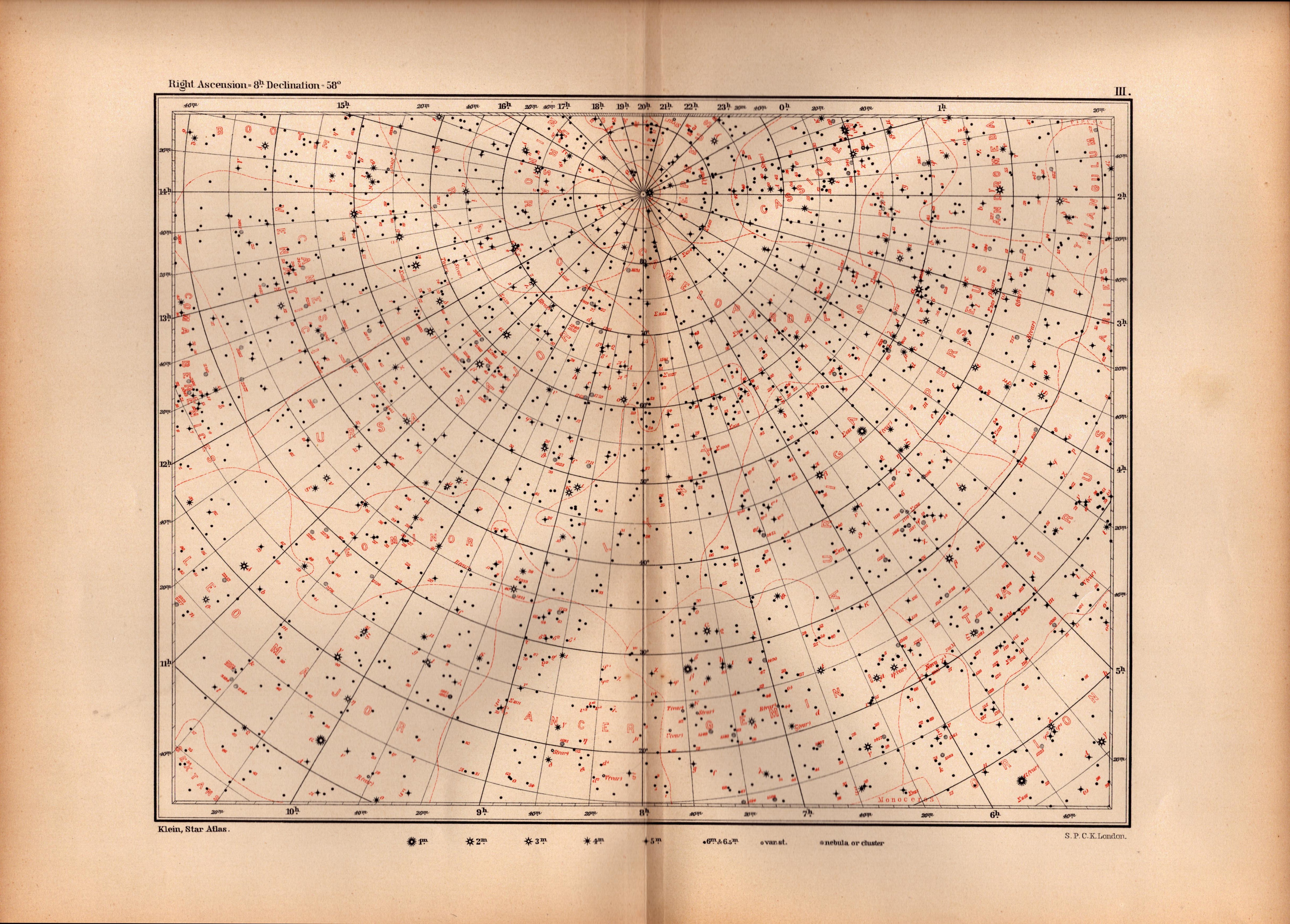 Star Atlas Declination 8 Hr -58 Degrees Astronomy Antique Map.