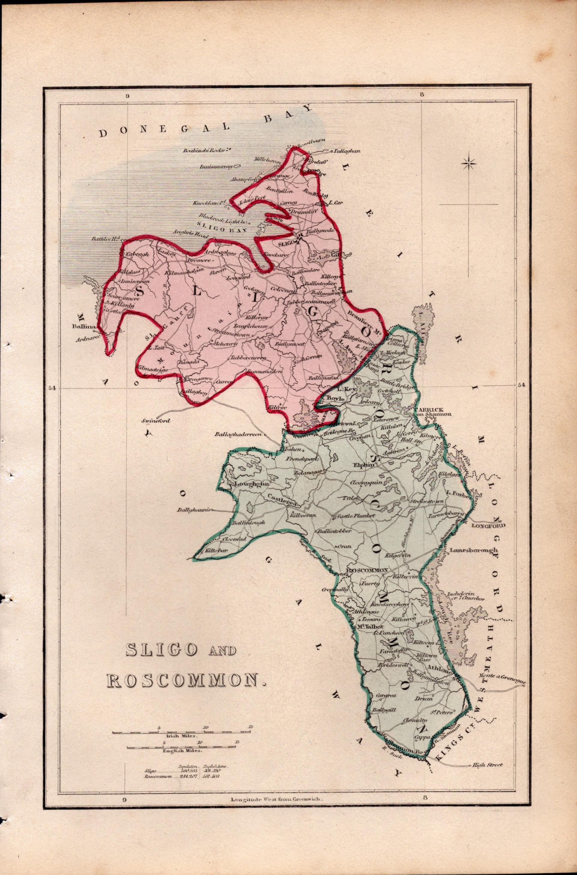 Sligo & Roscommon Antique 1850’s Coloured Map Mrs Hall Tour of Ireland.