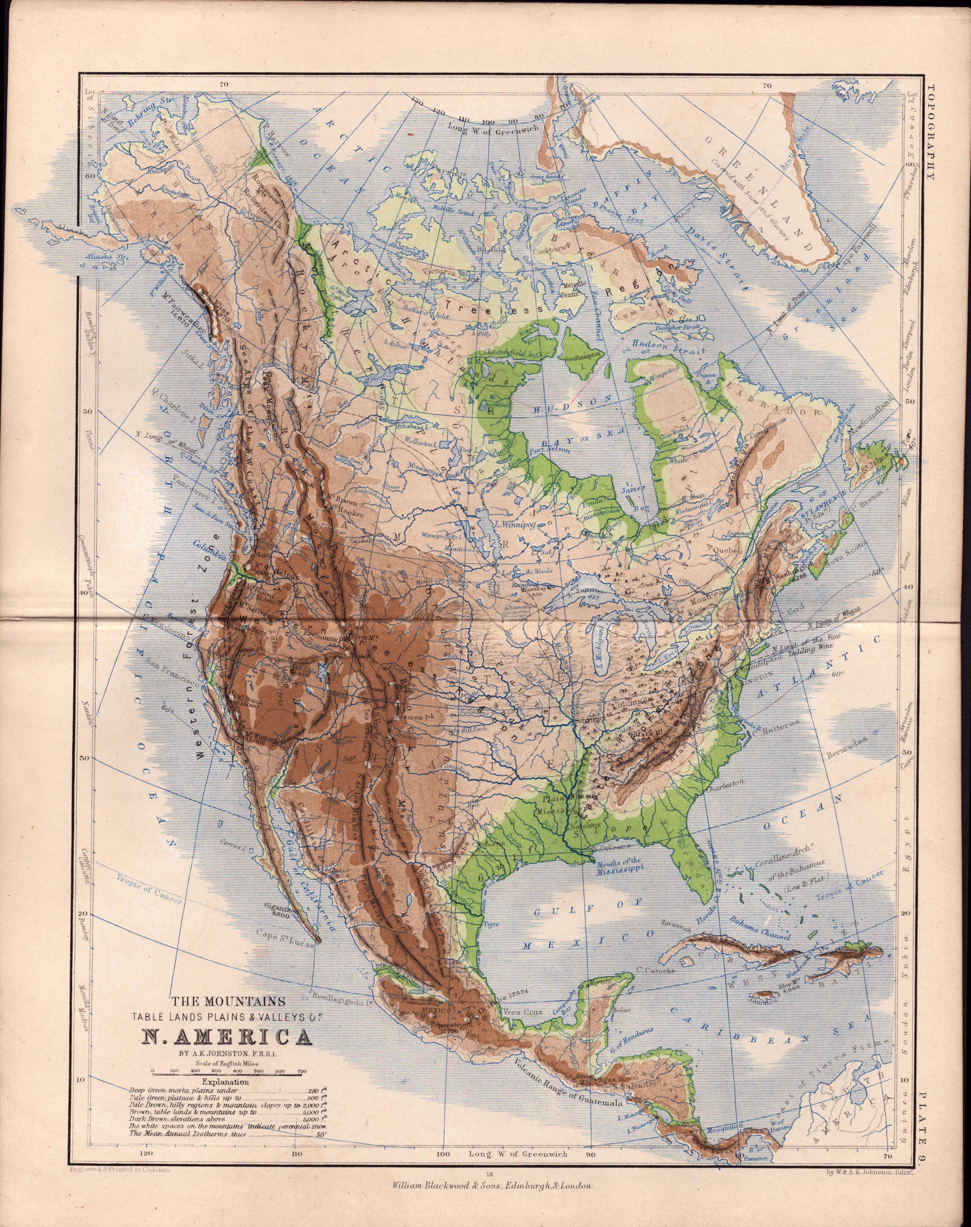 Mountains,Valleys N America 1871 WK Johnston Antique Map.