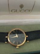 Gucci 2000M Stack Watch Gold Plated & Enamel Gucci Black Leather Strap Boxed