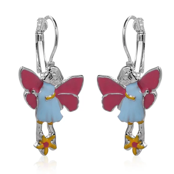 New! Lever Back Enamelled Fairy Theme Earrings In Silver Tone