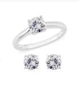 New! 2 Piece Set - Lustro Stella Sterling Silver Solitaire Ring and Stud Earrings