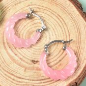 New! Designer Inspired - Carved Pink Jade Twisted Earrings In Sterling Silver