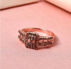 New! Natural Champagne Diamond Ring in 18K Vermeil Rose Gold Overlay Sterling Silver