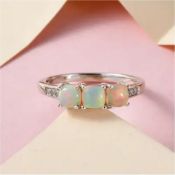 New! Ethiopian Welo Opal and Natural Cambodian Zircon Ring in Platinum Overlay Sterling Silver