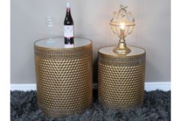 Set of 2 Indian Inspired Side Tables Mirrored Tops