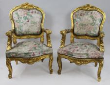 Pair of Carved Giltwood Louis XV Style Upholstered Armchairs