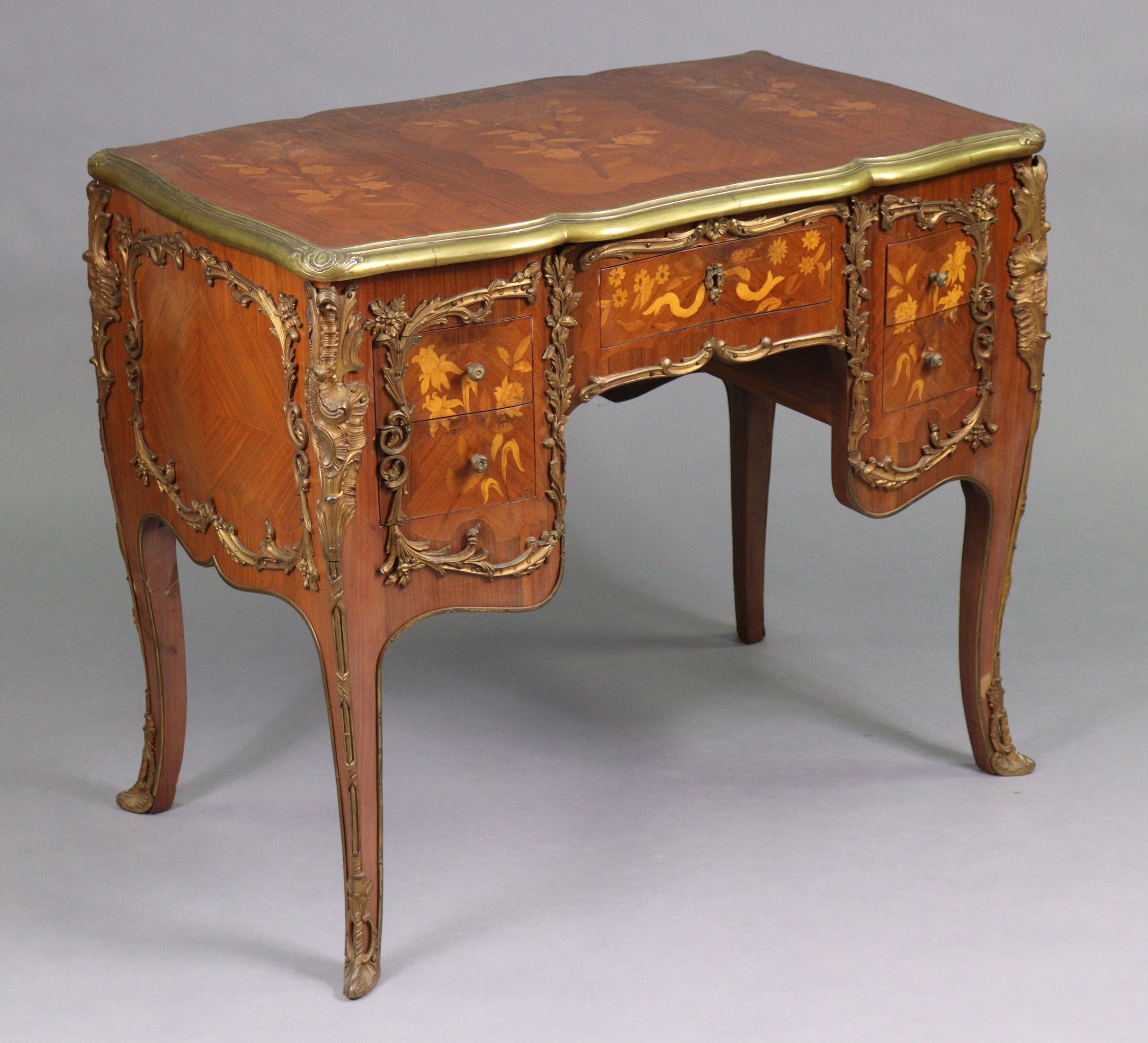 Louis XV style Marquetry Inlaid Brass Bound Desk