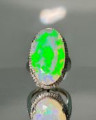 Beautiful Faceted 7.74 CT Natural Opal Ring With Natural Diamond & 18k Gold