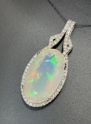 Beautiful Natural 22.33 CT Opal Pendant & 1.15 CT Diamonds & 18k White Gold