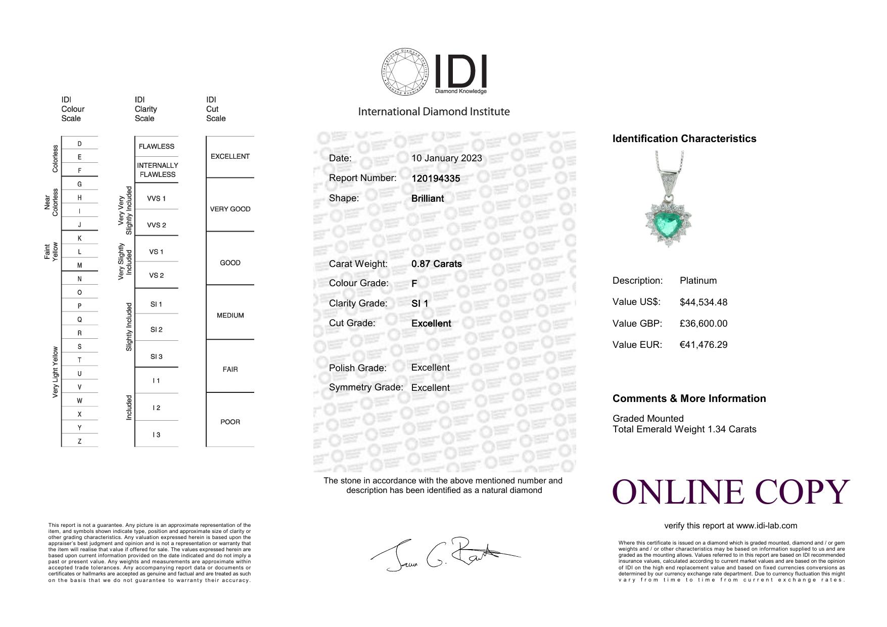 Platinum Diamond And Heart Shaped Emerald Pendant (E1.34) 0.87 Carats - Image 5 of 5
