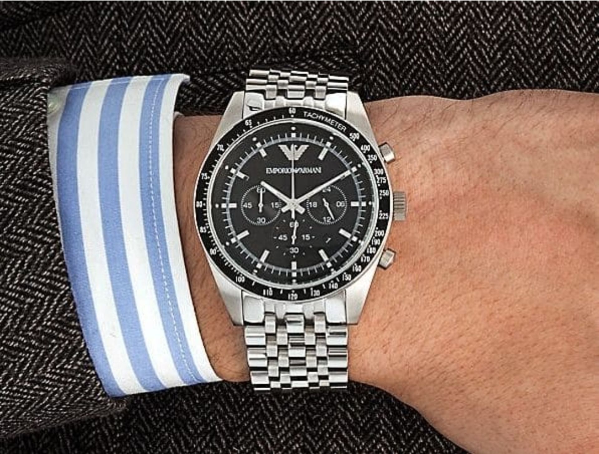 Emporio Armani AR5988 Men's Tazio Black Dial Silver Bracelet Chronograph Watch - Image 4 of 8