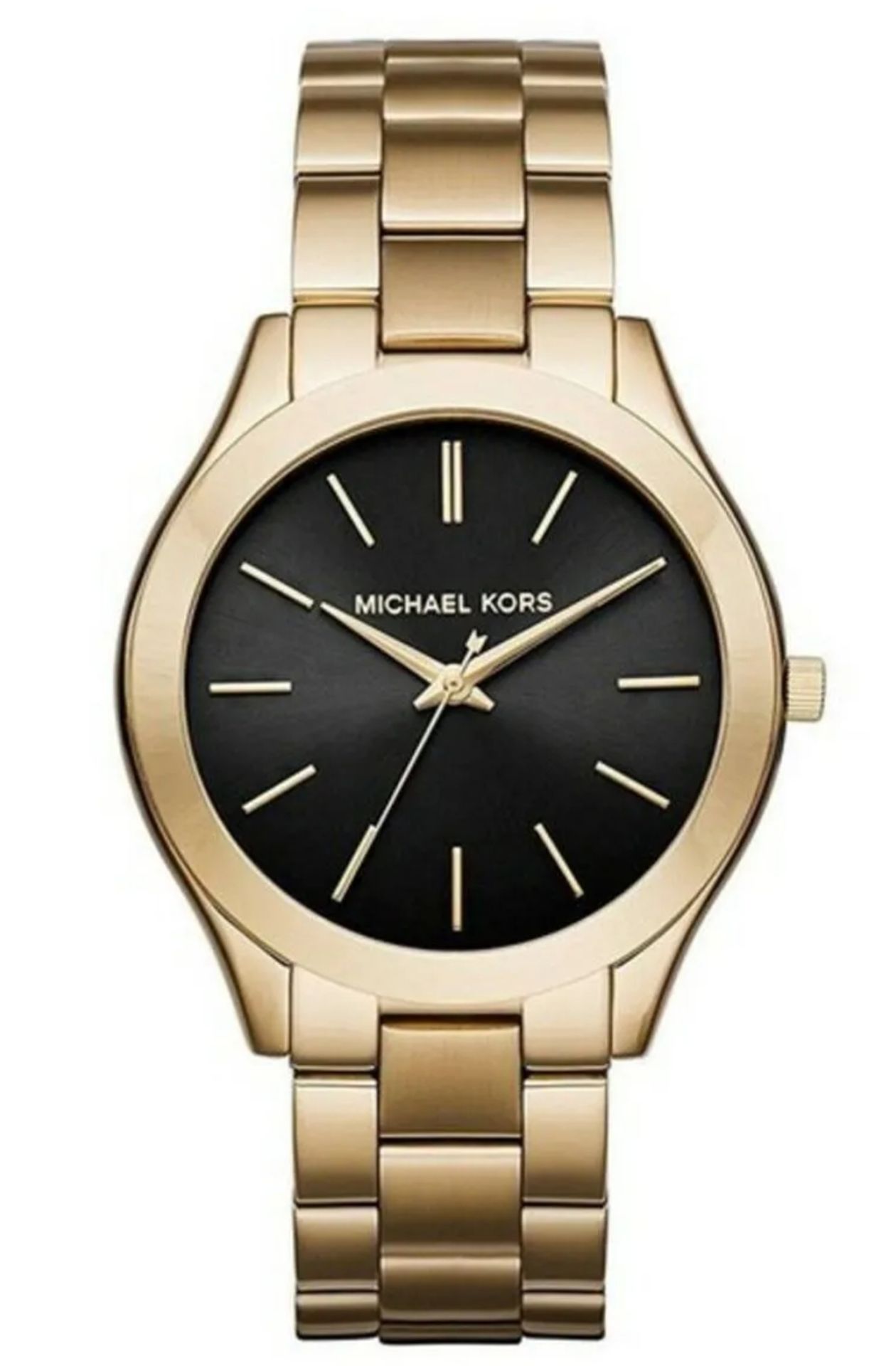 Michael Kors MK3478 Ladies Slim Runway Watch Gold Bracelet Black Dial