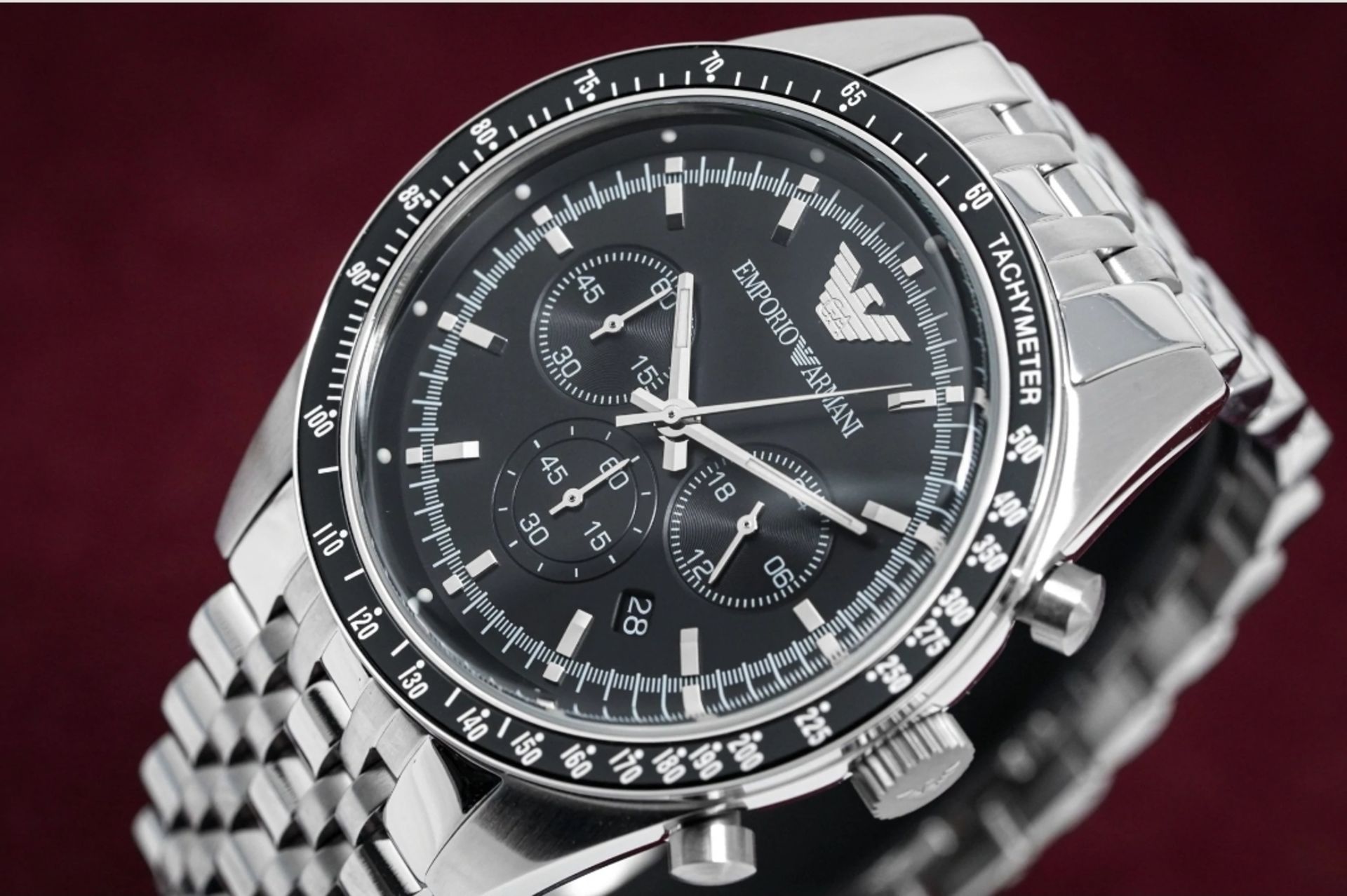 Emporio Armani AR5988 Men's Tazio Black Dial Silver Bracelet Chronograph Watch - Image 5 of 8