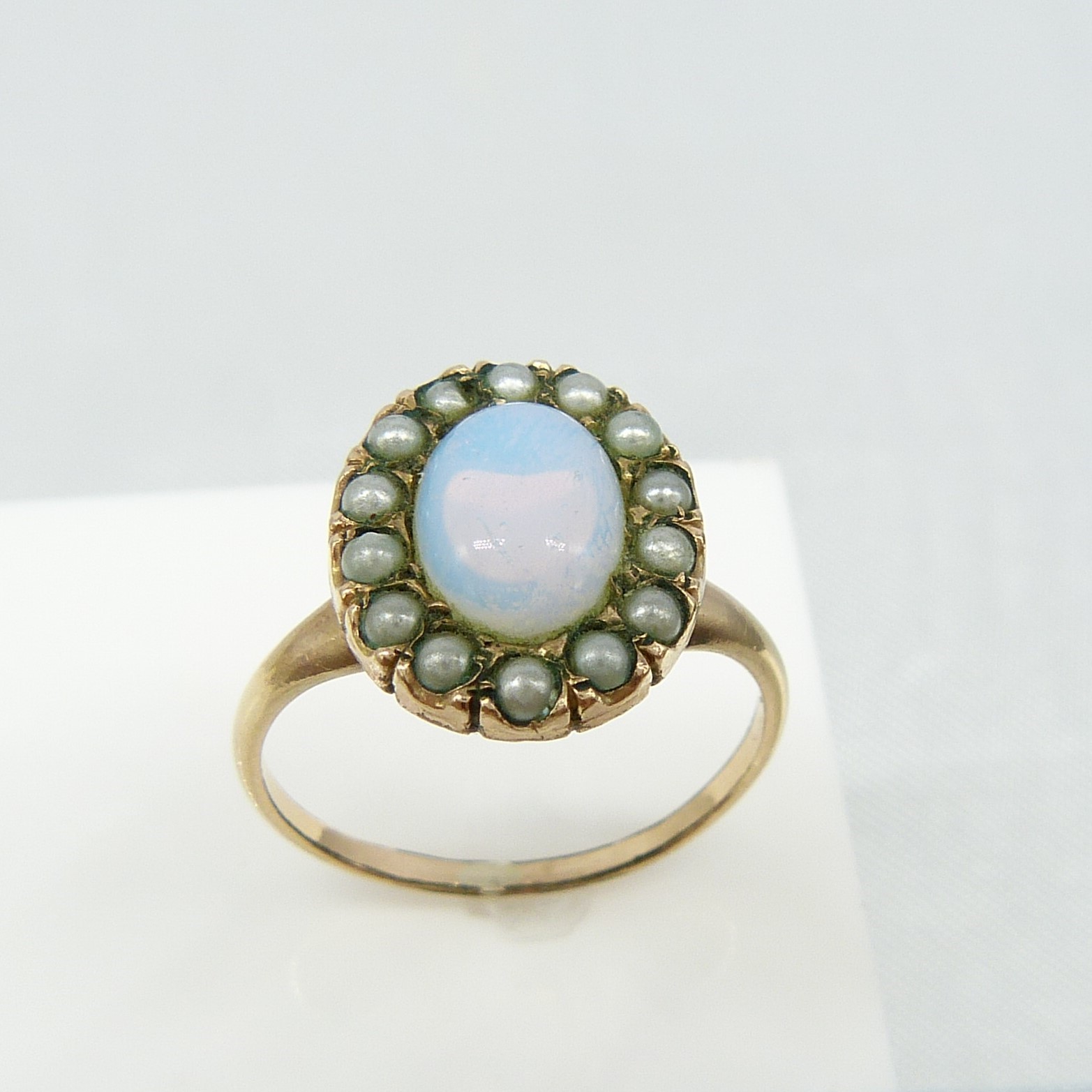 Vintage Victorian-Style Halo Ring Set With Opalite and Seed Pearls - Image 2 of 6