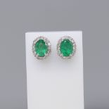 Pair of 18ct White Gold Oval Emerald and Diamond Cluster Ear Studs, Boxed