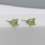 Pair of Princess-Cut Peridot Gemstone Ear Studs In Sterling Silver