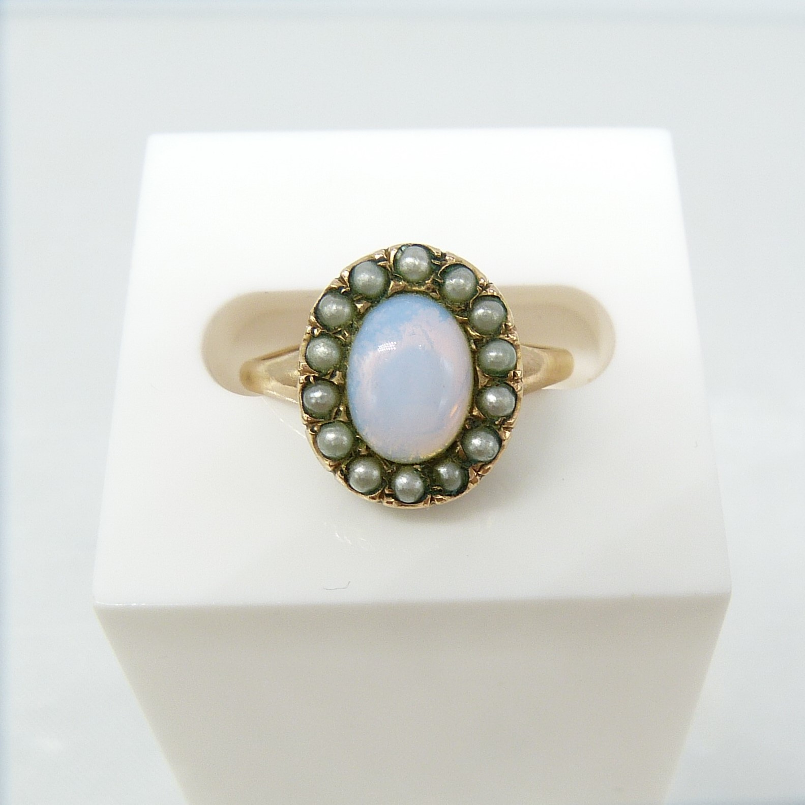 Vintage Victorian-Style Halo Ring Set With Opalite and Seed Pearls