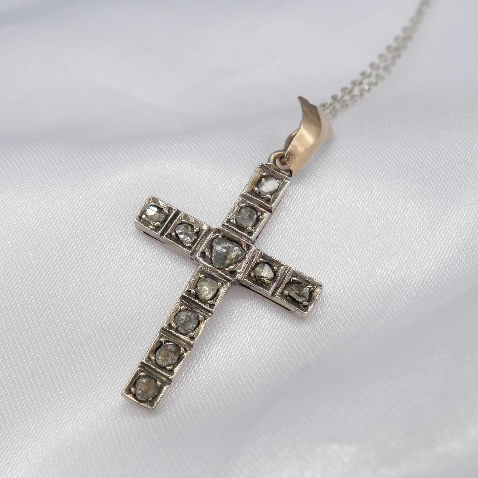 Antique, Hand Fashioned Rose-Cut Diamond Cross Pendant In Yellow Gold and Silver - Image 6 of 6
