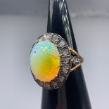 Large and Weighty Cabochon Ethiopian Opal and Rose-Cut Diamond Cocktail Ring