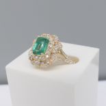 Fancy 14ct Yellow Gold Emerald and Diamond Dress Ring In A Regency Style