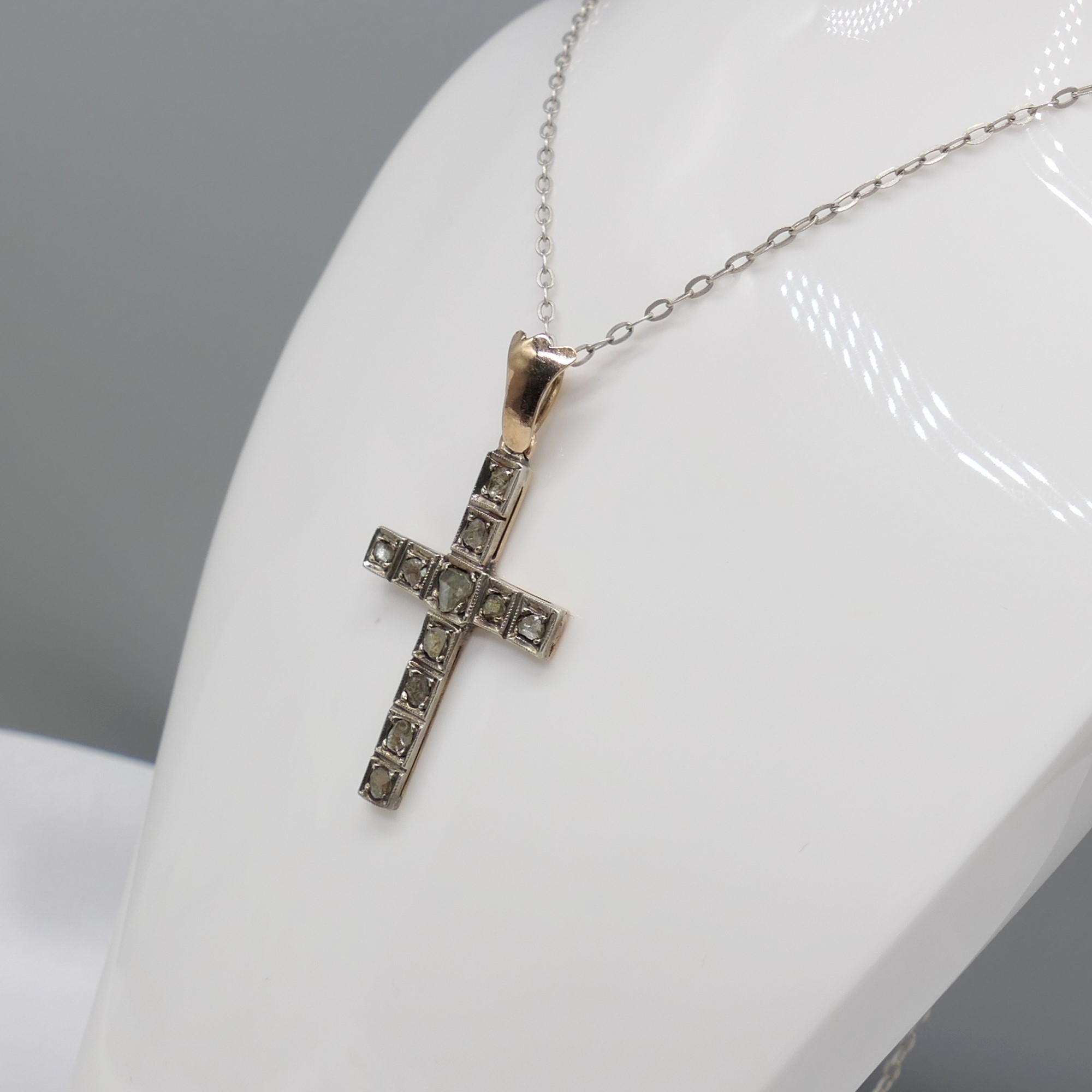 Antique, Hand Fashioned Rose-Cut Diamond Cross Pendant In Yellow Gold and Silver - Image 3 of 6