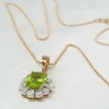 9ct Rose Gold Peridot and Diamond Cluster Pendant and Chain, With Gift Box