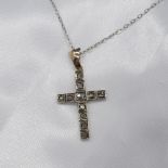 Antique, Hand Fashioned Rose-Cut Diamond Cross Pendant In Yellow Gold and Silver