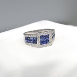 Art Deco-Style 18ct White Gold Calibre-Cut Sapphire and Round Brilliant-Cut Diamond Ring