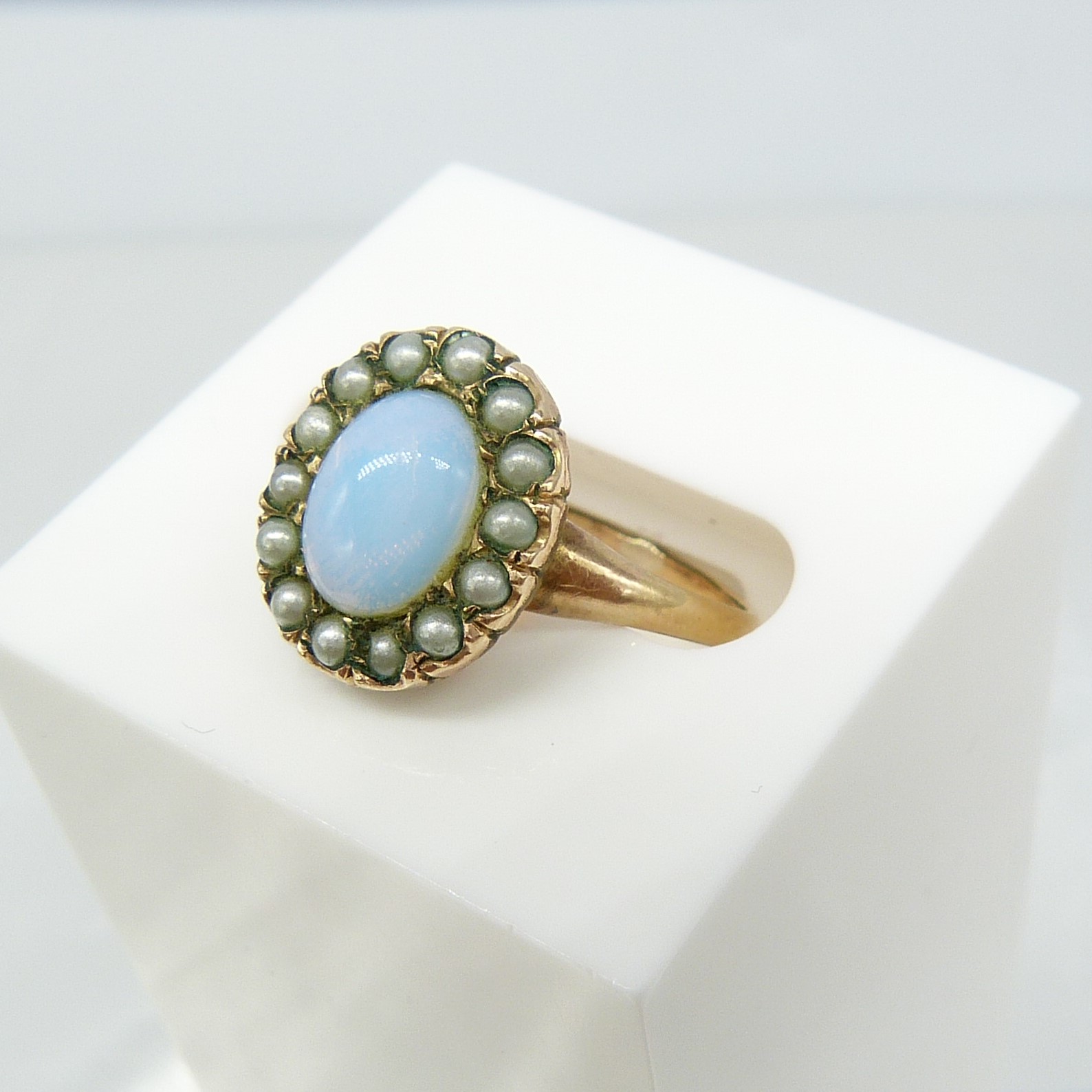 Vintage Victorian-Style Halo Ring Set With Opalite and Seed Pearls - Image 3 of 6