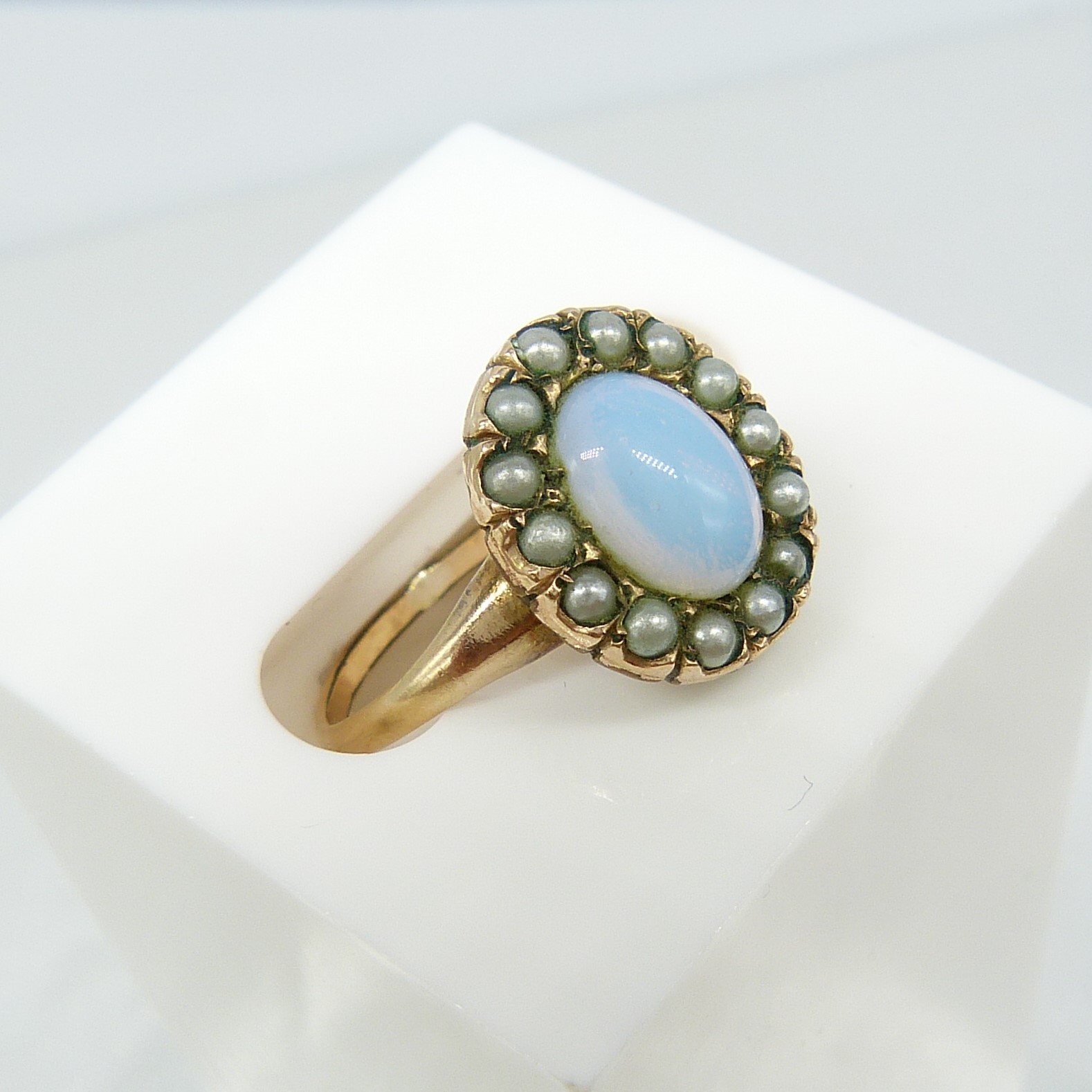 Vintage Victorian-Style Halo Ring Set With Opalite and Seed Pearls - Image 5 of 6