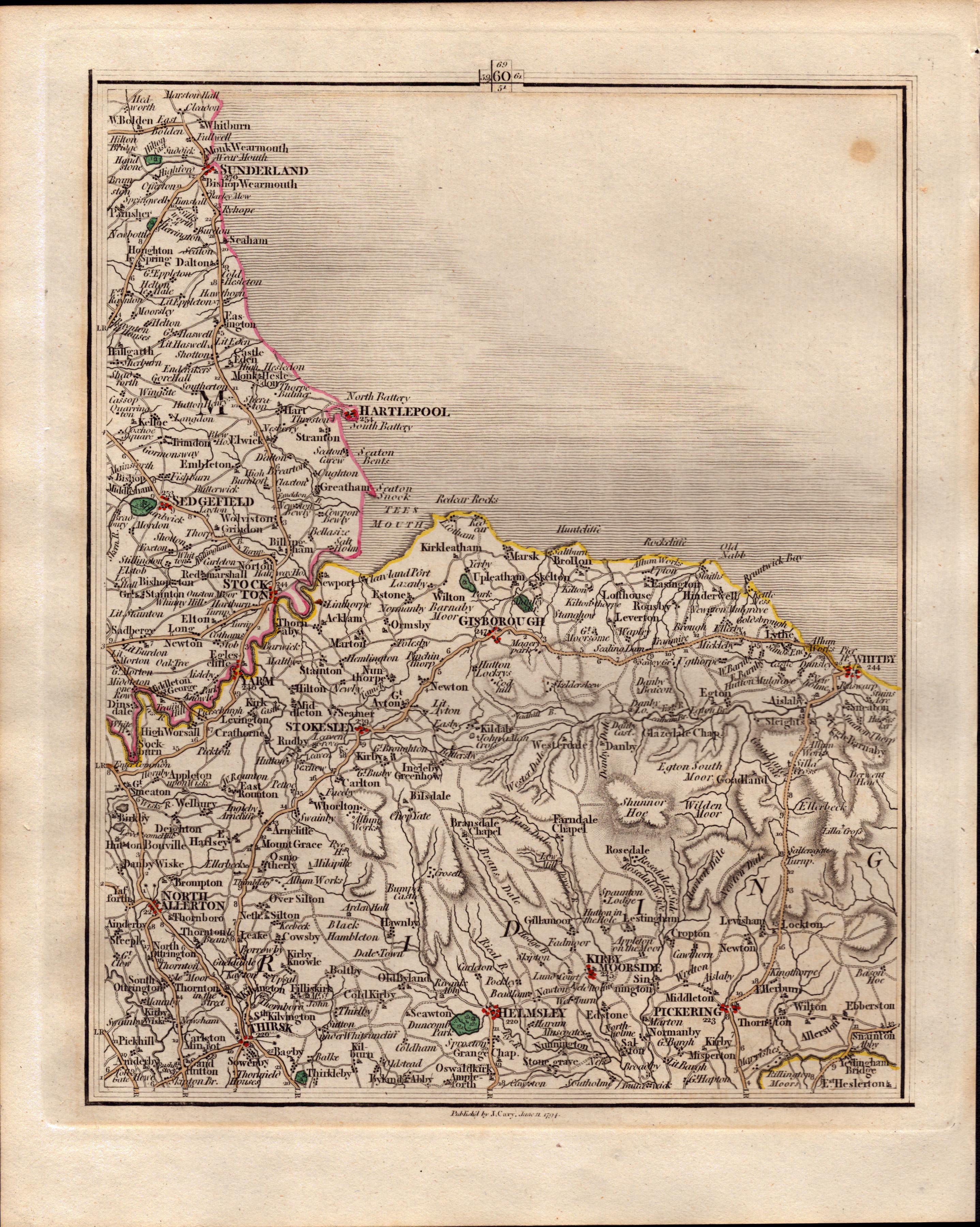 North Yorkshire Whitby Pickering John Cary’s Antique George III 1794 Map.