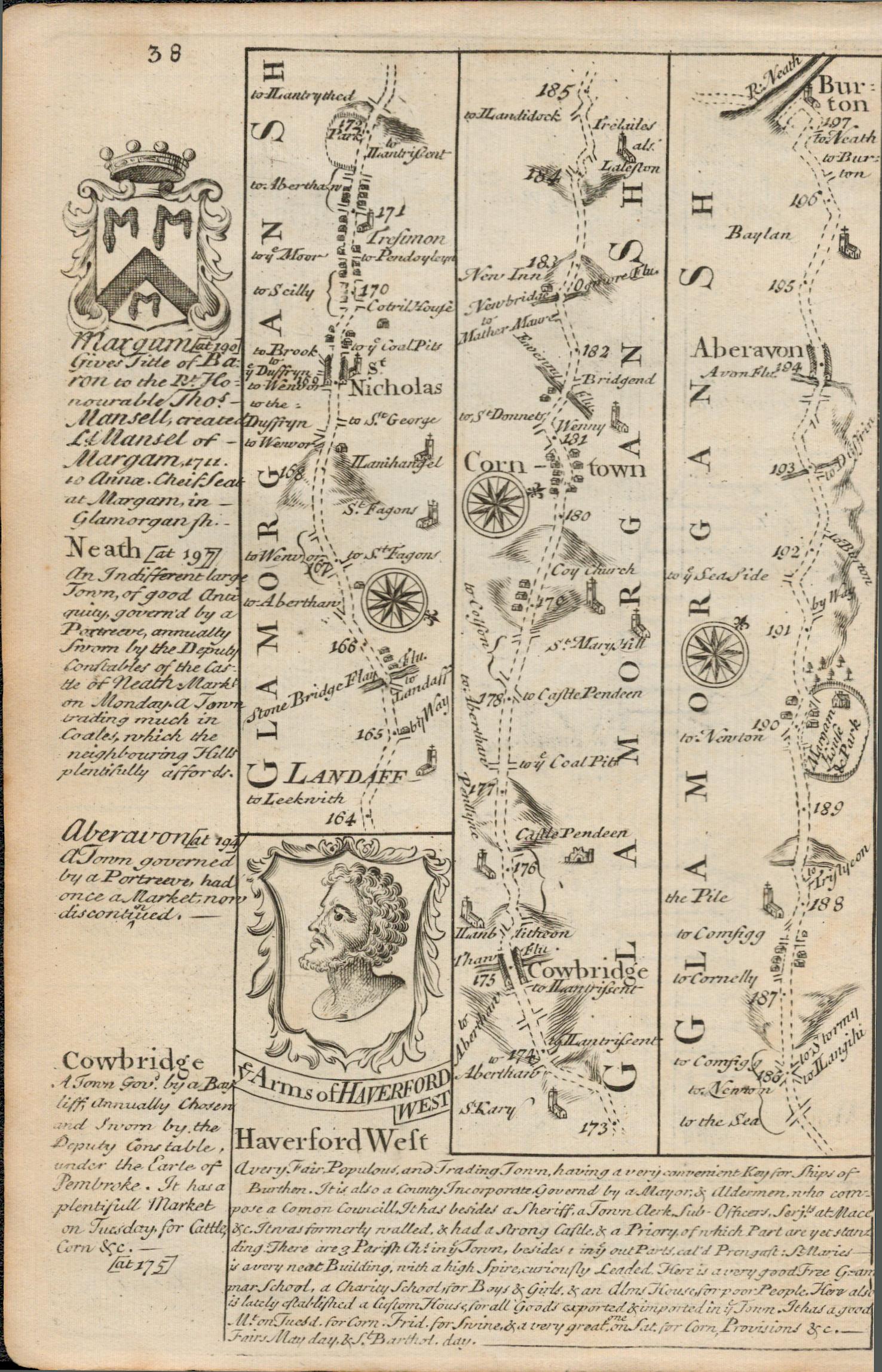 Britannia Depicta E Bowen c1730 Map Wales Monmouth Newport Cardiff Llandaff,