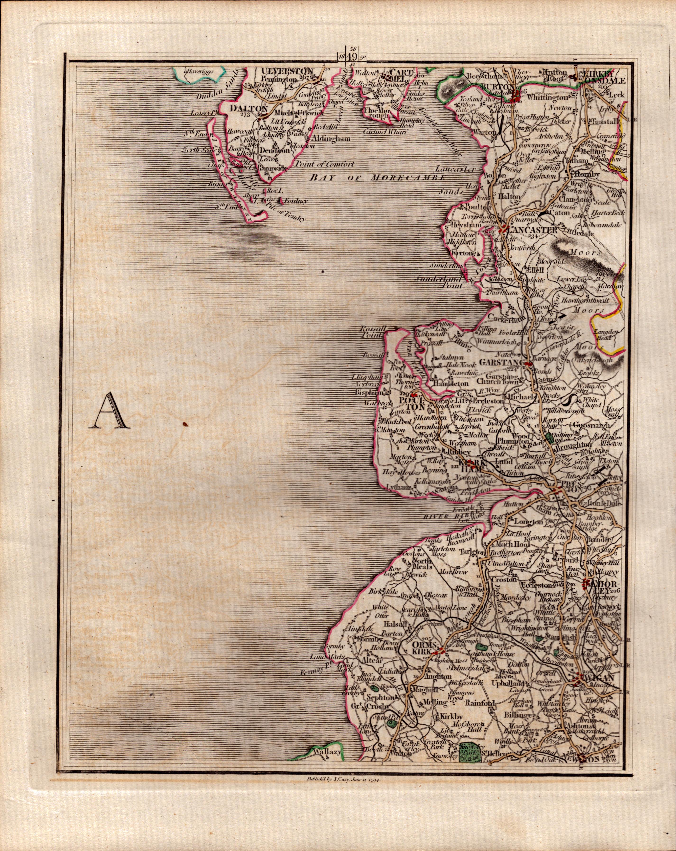 Lancashire Coast Blackpool Lake District John Carys Antique 1794 Map.