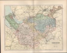 Cheshire Liverpool Chester Victorian 1894 Coloured Antique Map.