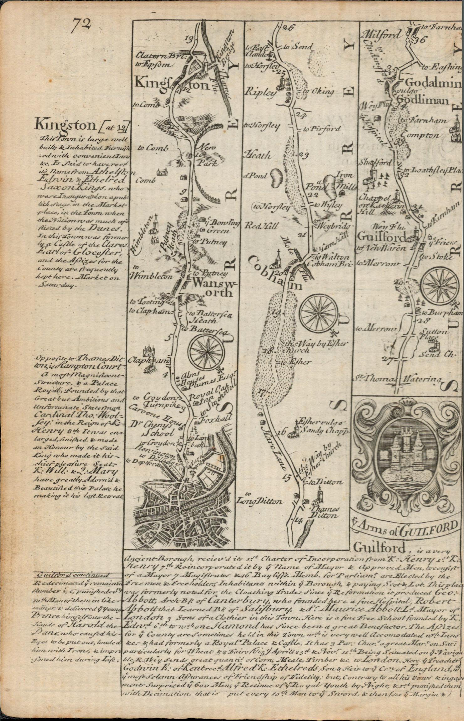 Britannia Depicta E Bowen c1730 Map London, Wandsworth, Kingston, Guildford.